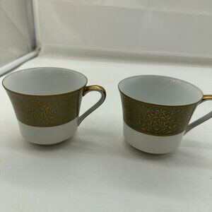 Wyndham Lafayette 2 Flat Coffee Cups Mugs  #343 Fine China Japan White Green EUC